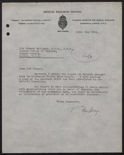 Image of a letter from Frank Hawking to Sir Edward Mellanby, 15 May 1944