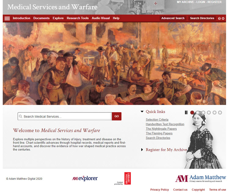 Screenshot of the Medical Services and Warfare homepage.