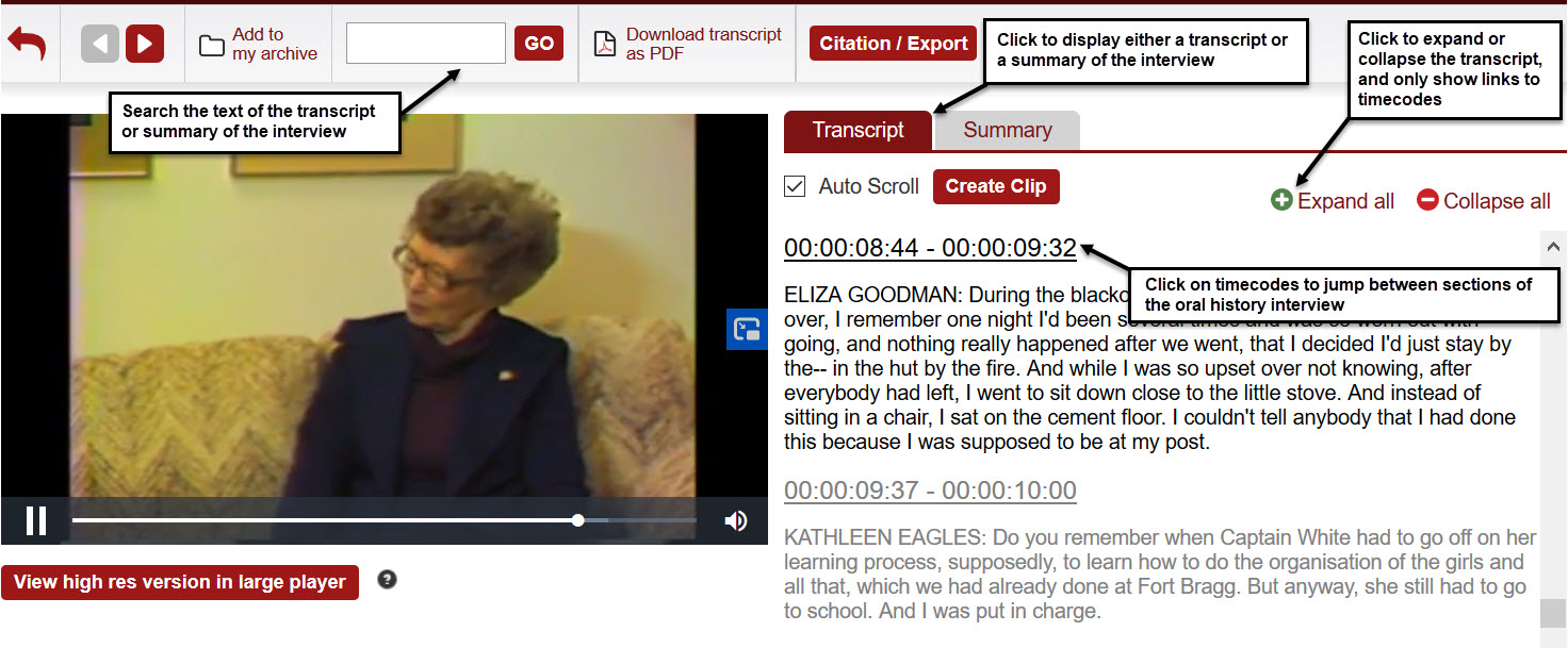 Screenshot of the Oral Histories player